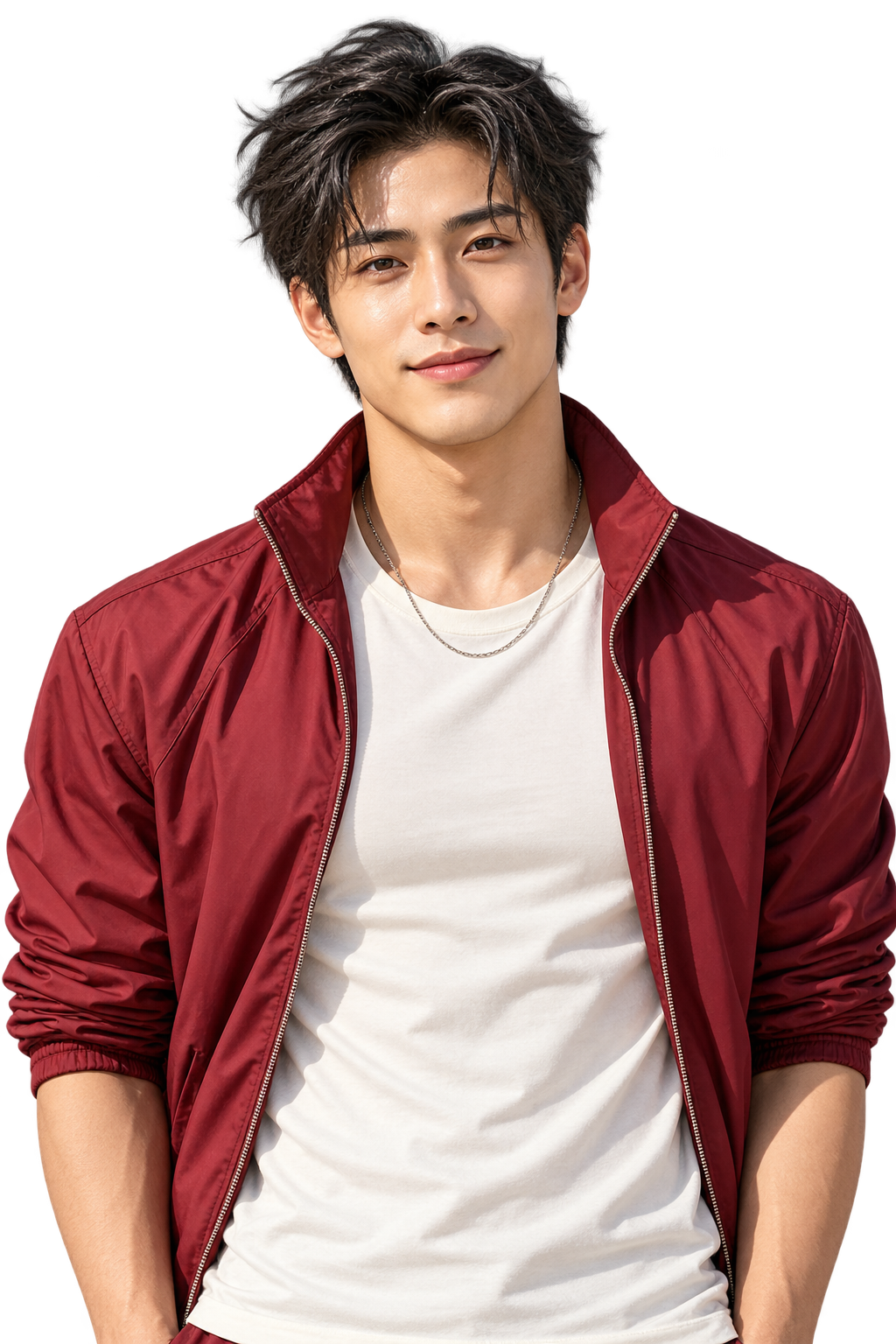 Fictional adult portrait reference wearing a burgundy jacket